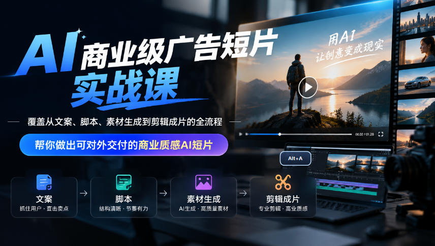 AI商业级广告短片实战课，覆盖从文案、脚本、素材生成到剪辑成片的全流程，帮你做出可对外交付的商业质感AI短片-橙心云网创
