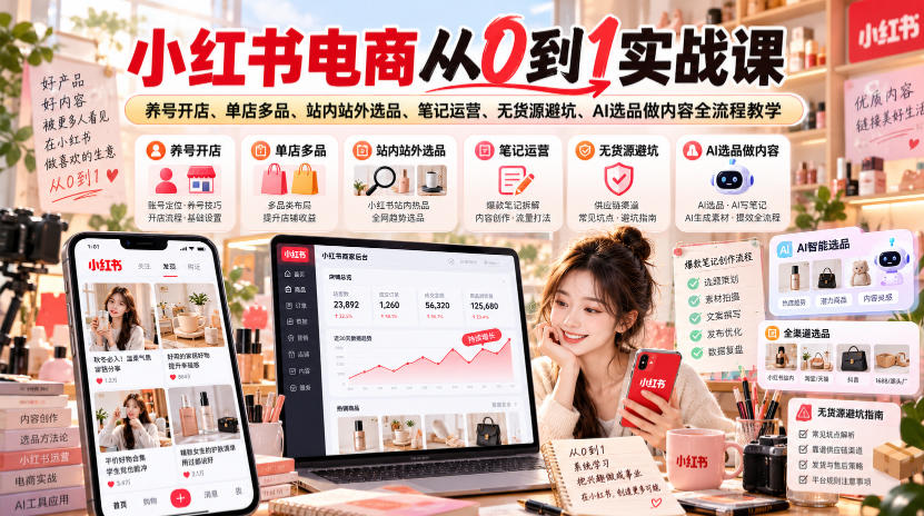 小红书电商从0到1实战课｜养号开店、单店多品、站内站外选品、笔记运营、无货源避坑、AI选品做内容全流程教学-橙心云网创