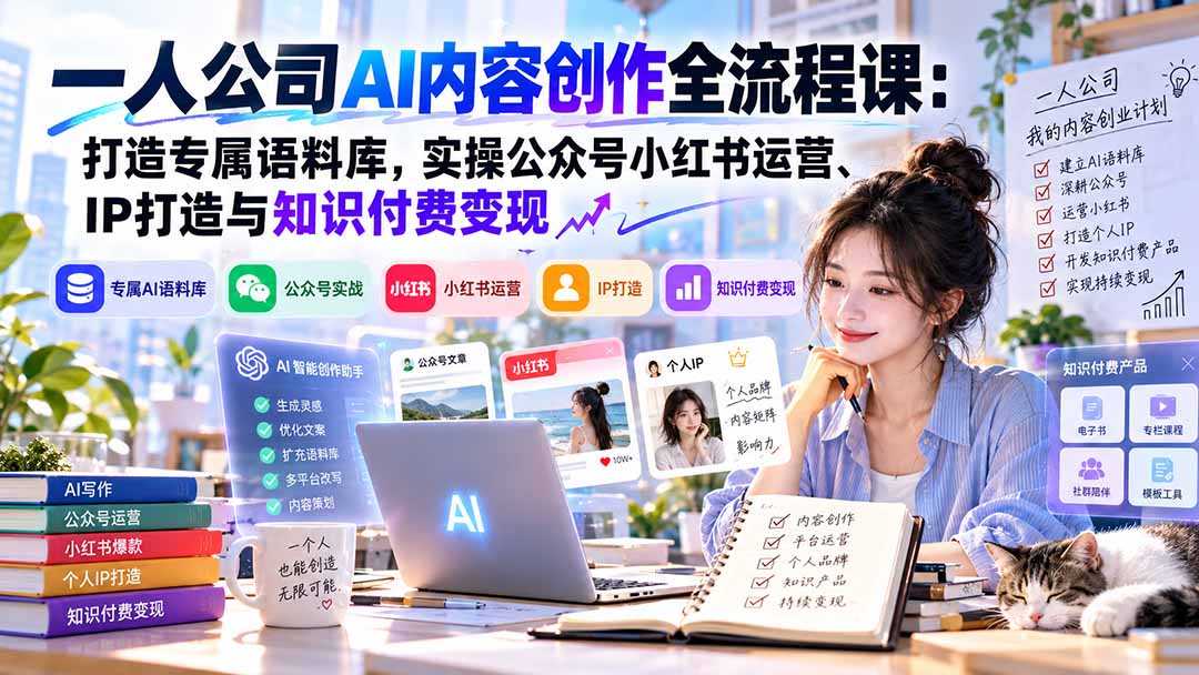 一人公司AI内容创作全流程课：打造专属语料库，实操公众号小红书运营、IP打造与知识付费变现方法论-橙心云网创