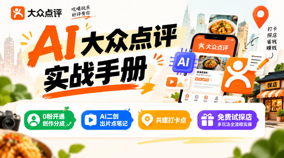 某局的AI大众点评实战手册，0粉开通创作分成、AI二创出片点笔记、共建打卡点、免费试探店多玩法全流程实操-橙心云网创