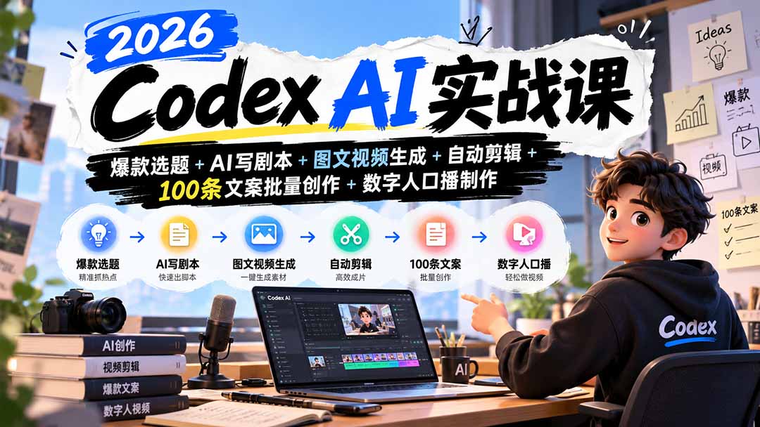 2026Codex AI实战课:爆款选题+AI写剧本+图文视频生成+自动剪辑+100条文案批量创作+数字人口播制作-橙心云网创