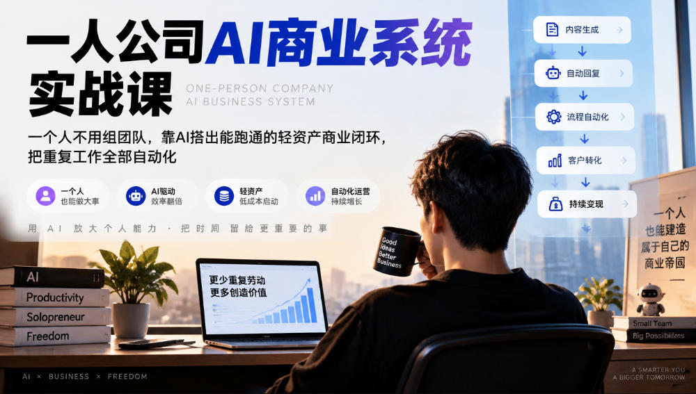 一人公司AI商业系统实战课,一个人不用组团队,靠AI搭出能跑通的轻资产商业闭环,把重复工作全部自动化-橙心云网创