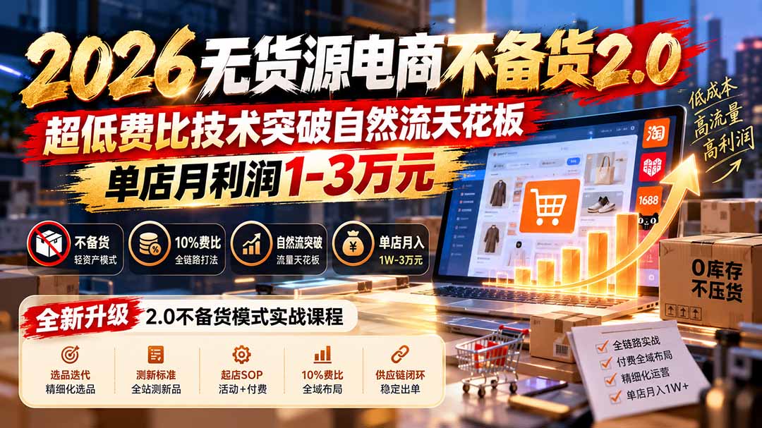 2026无货源电商不备货2.0【更新1010】:超低费比技术突破自然流天花板,单店月利润1-3万元-橙心云网创