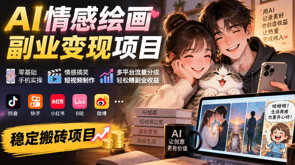 AI情感绘画副业变现项目|零基础手机实操,情感搞笑短视频制作,多平台流量分成轻松賺副业收益-橙心云网创