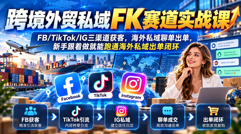 跨境外贸私域FK赛道实战课｜FB/TikTok/IG三渠道获客，海外私域聊单出单，新手跟着做就能跑通海外私域出单闭环-橙心云网创