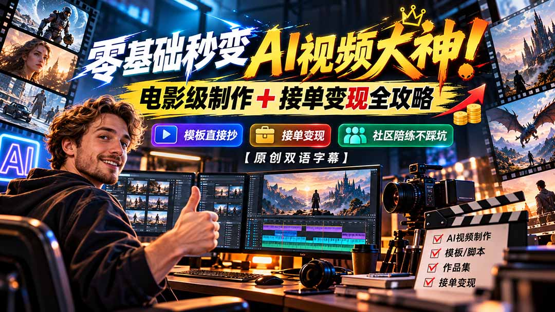 零基础秒变AI视频大神!电影级制作 + 接单变现全攻略,模板直接抄,社区陪练不踩坑【原创双语字幕】-橙心云网创