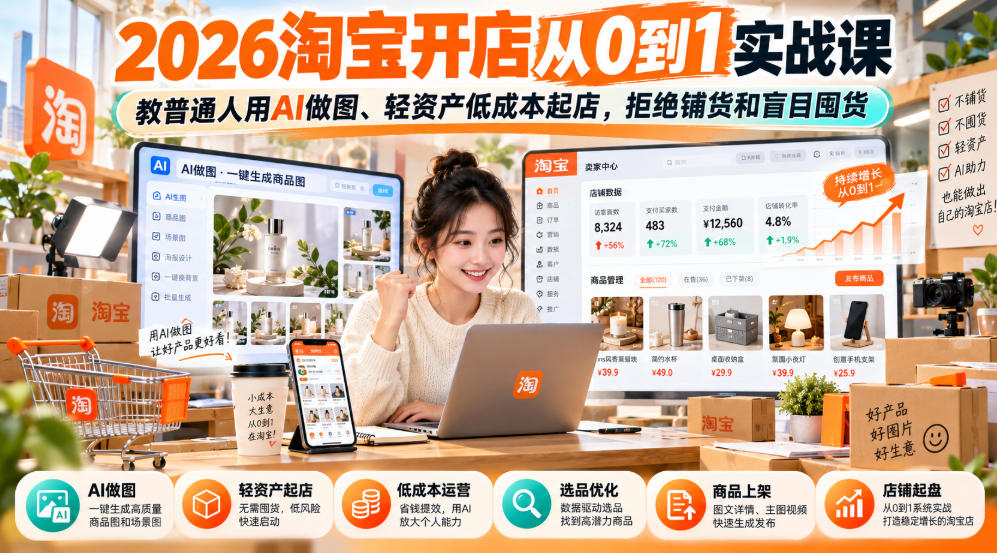 2026淘宝开店从0到1实战课,教普通人用AI做图、轻资产低成本起店,拒绝铺货和盲目囤货-橙心云网创