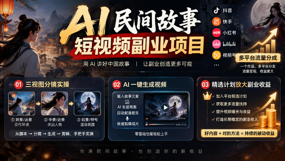 AI民间故事短视频副业项目,多平台流量分成,三视图分镜实操,精选计划放大副业收益-橙心云网创