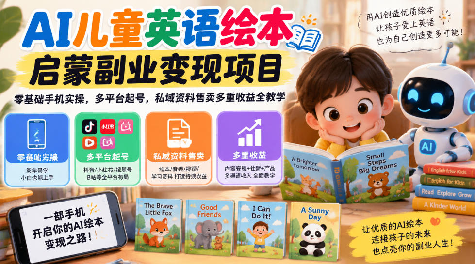 AI儿童英语绘本启蒙副业变现项目,零基础手机实操,多平台起号,私域资料售卖多重收益全教学-橙心云网创