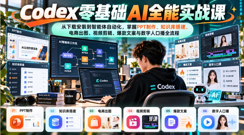 Codex零基础AI全能实战课：从下载安装到智能体自动化，掌握知识库搭建、电商出图、视频剪辑、爆款文案与数字人口播全流程-橙心云网创
