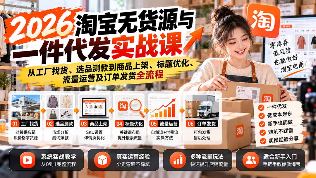 2026淘宝无货源与一件代发实战课:从工厂找货、选品测款到商品上架、标题优化、流量运营及订单发货全流程-橙心云网创